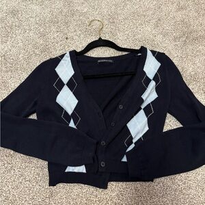 Brandy Melville Navy and Light Blue Argyle Cardigan